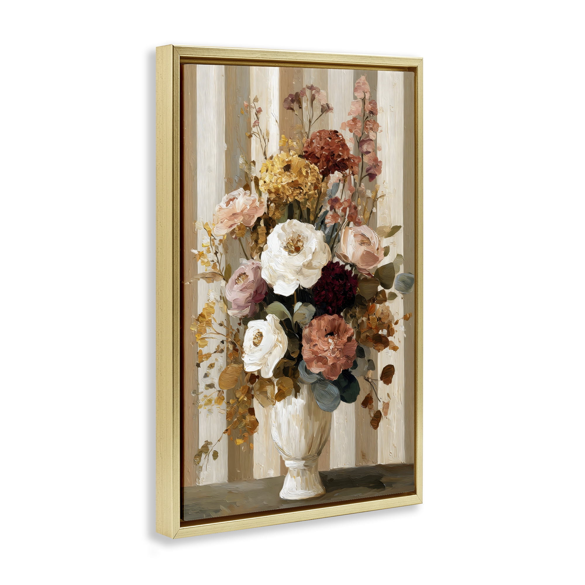 Stupell Industries Vintage Arrangement in Vase Gold Framed Floater Canvas Wall Art, design by Petal Prints Design
