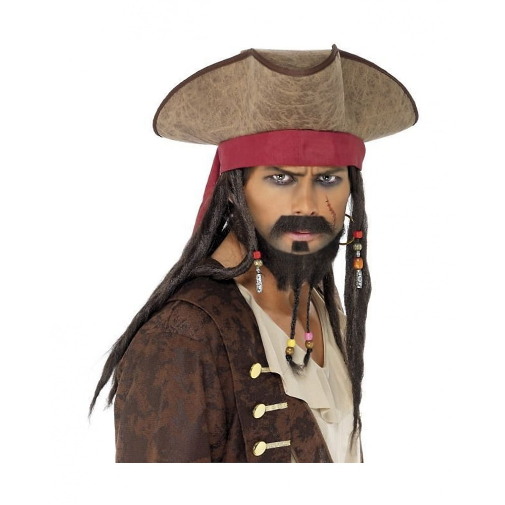 Mens Pirate Hat with Attached Hair Caribbean Fancy Dress Costume Accessory New 