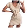 thumbnail image 1 of Womens Casual V Neck Solid Short Sleeve waidrawstring belt dress Summer Boho Floral Sundresses Wedding Guest Graduation Prom Formal Cocktail Dresses that Hide Belly A520-9949, 1 of 7