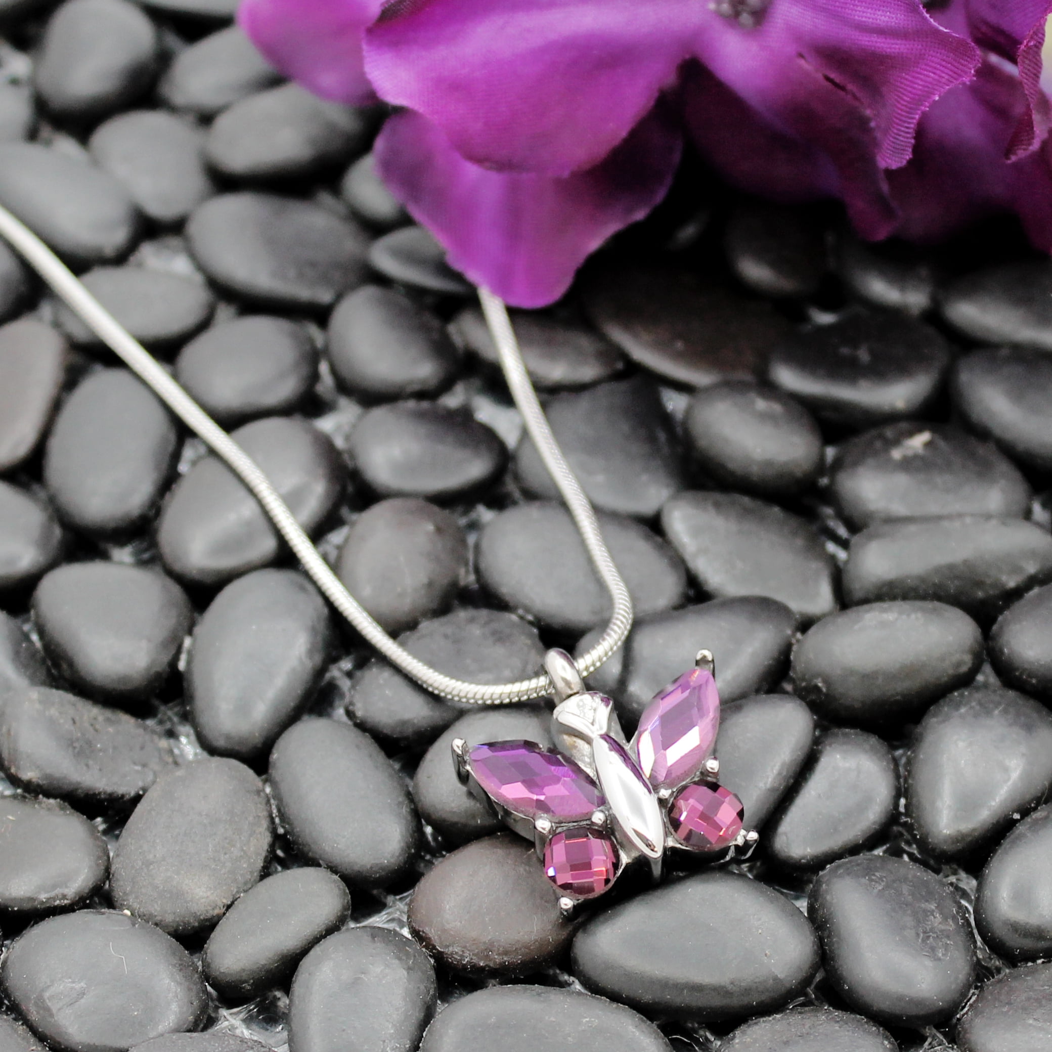 Anavia Steel Purple Crystal Butterfly Cremation Necklace Keepsake Urn Memorial Jewerly With Free Gift Box