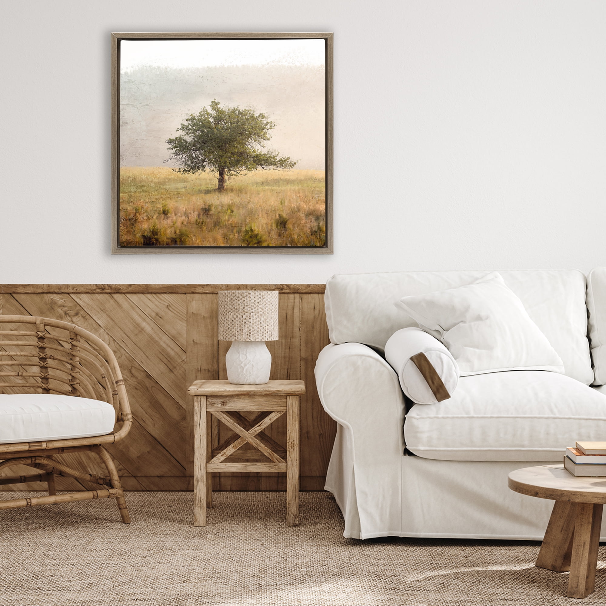 Stupell Industries Tree Alone in Golden Field Brown Framed Floater Canvas Wall Art, design by Anne Bailey