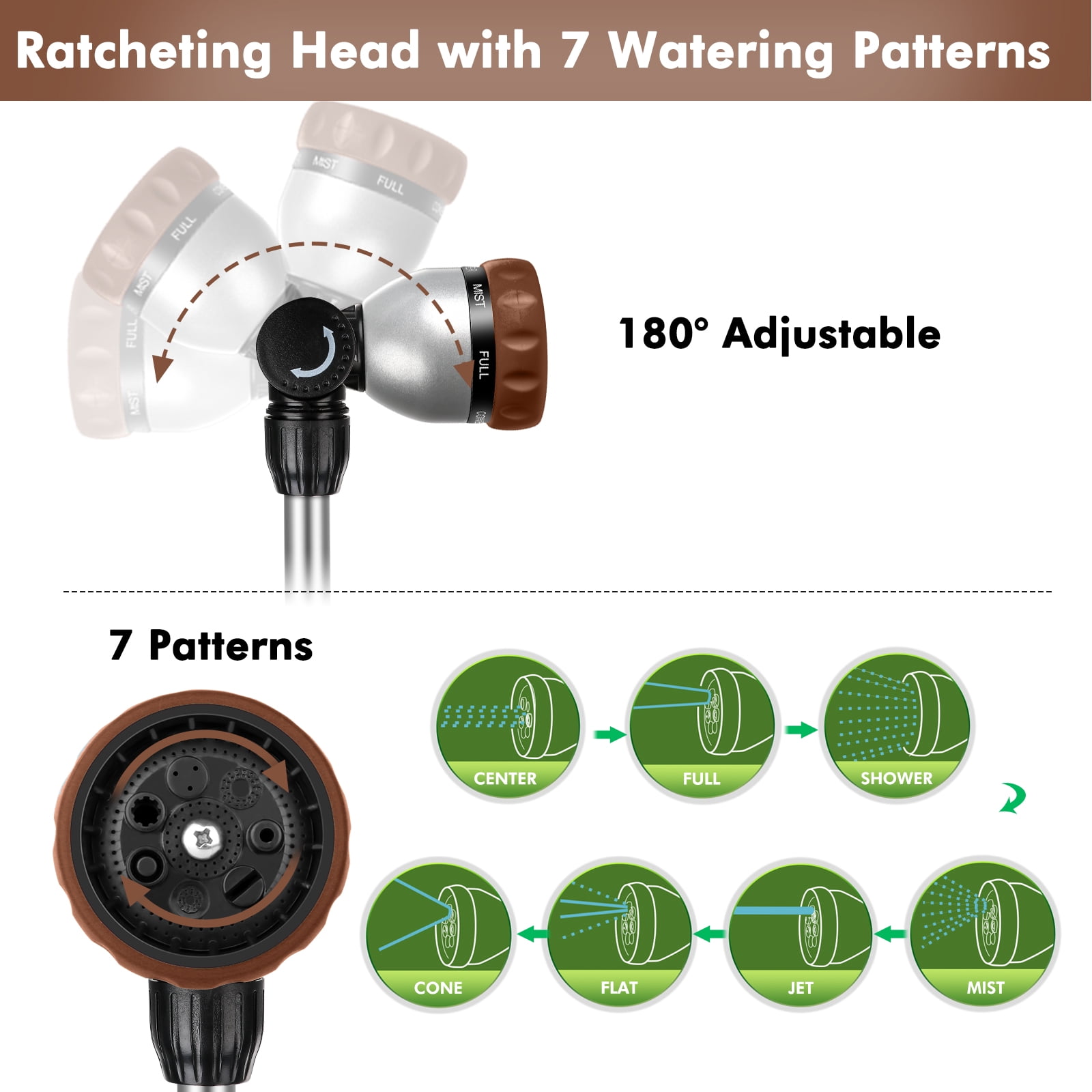 Restmo Telescopic Metal Watering Wand, 36-60 Inch Long Adjustable Tube with 180° Ratcheting Head, 7 Spray Patterns and Flow Control | Garden Hose Sprayer for Hanging Baskets, Shrubs, Lawn, Brown