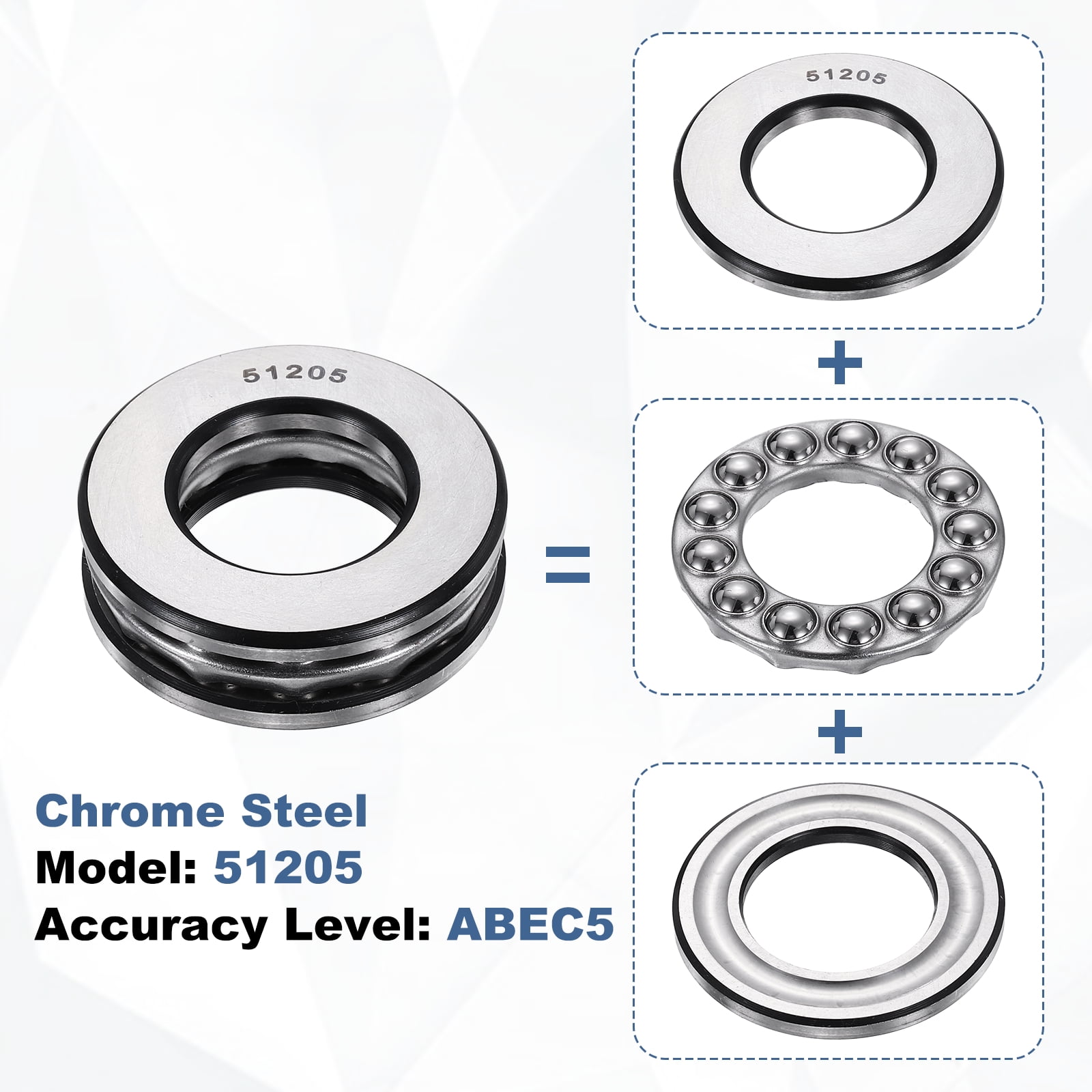 Uxcell 2 Pack Thrust Ball Bearings, 25mm Bore 47mm OD 15mm Thick 51205 Single Row Roller, Chrome Steel Axial Ball Bearing, ABEC5