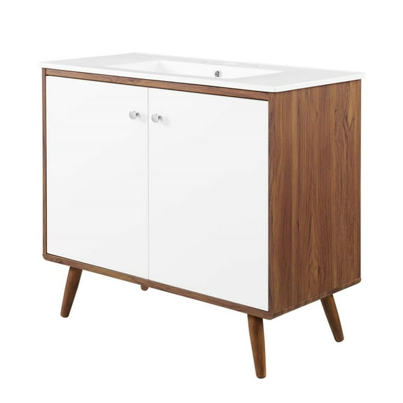 Sink Vanity Cabinet, Walnut White, Wood, Mid Century Hotel Bedroom Bathroom, Modern Contemporary HB33375