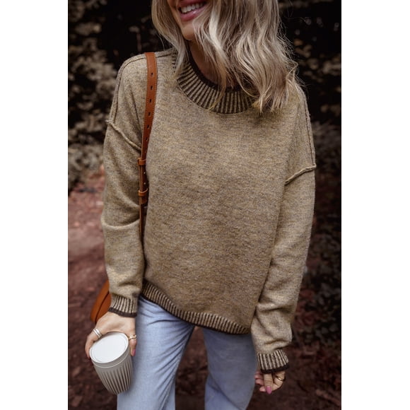 FOLUNSI Mock Neck Sweater: Chic Khaki Trim, Drop Shoulder, Long Sleeves