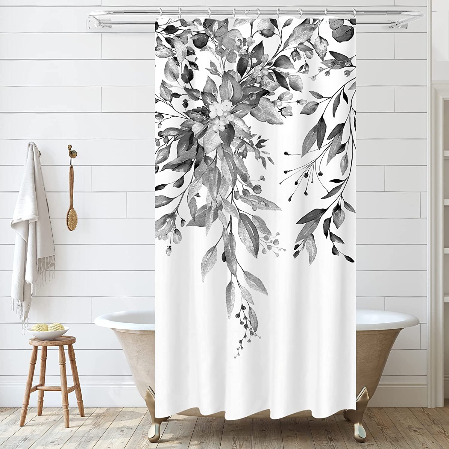 Black Eucalyptus Shower Curtain Sets, Watercolor Grey Leaves on The Top Plant with Floral Bathroom Decoration 36x72 Inch with Hooks