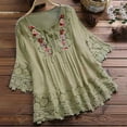 thumbnail image 2 of Blouse For Women Summer Vintage Lace Patchwork Bow V Neck Embroidery Summer 3/4 Sleeve Retro Solid Tops T Shirt, 2 of 2
