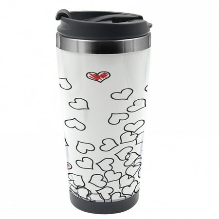 

Black and White Travel Mug Wedding Heart Shape Steel Thermal Cup 16 oz by Ambesonne