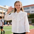 thumbnail image 4 of Favoffer Big Girls Long Sleeve Shirt Spring Summer School Season Lace Ruffle Collar Soft Breathable Casual Top Basic Tee Daily School Play Outdoor Sizes 3-14Y, 4 of 9