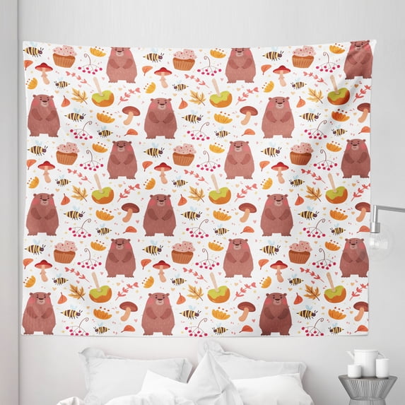 Bee Tapestry, Autumn Forest Wildlife Elements as Cartoon Bear Bugs Plants with Cupcake Caramel Apple, Fabric Wall Hanging Decor for Bedroom Living Room Dorm, 5 Sizes, Multicolor, by Ambesonne
