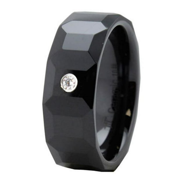 EWC R40039-150 Black Multi-Faceted Ceramic Ring with CZ - Size 15