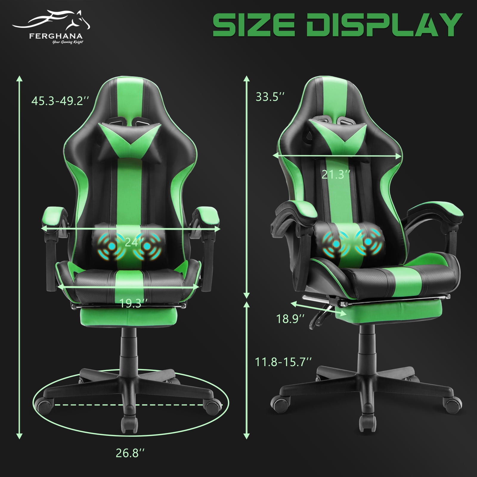 SOONTRANS Green Gaming Chair, Ergonomic Gamer Game Chair with Footrest & Massage Lumbar Pillow, High Back Reclining Office Vedio Computer Chair for Adult