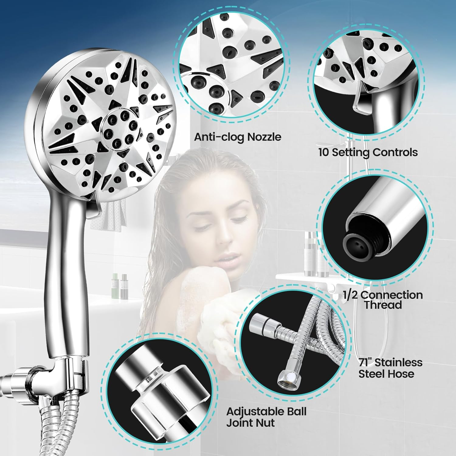 Yezivo 10-Mode Handheld Shower Head with 59-Inch Hose photo 2