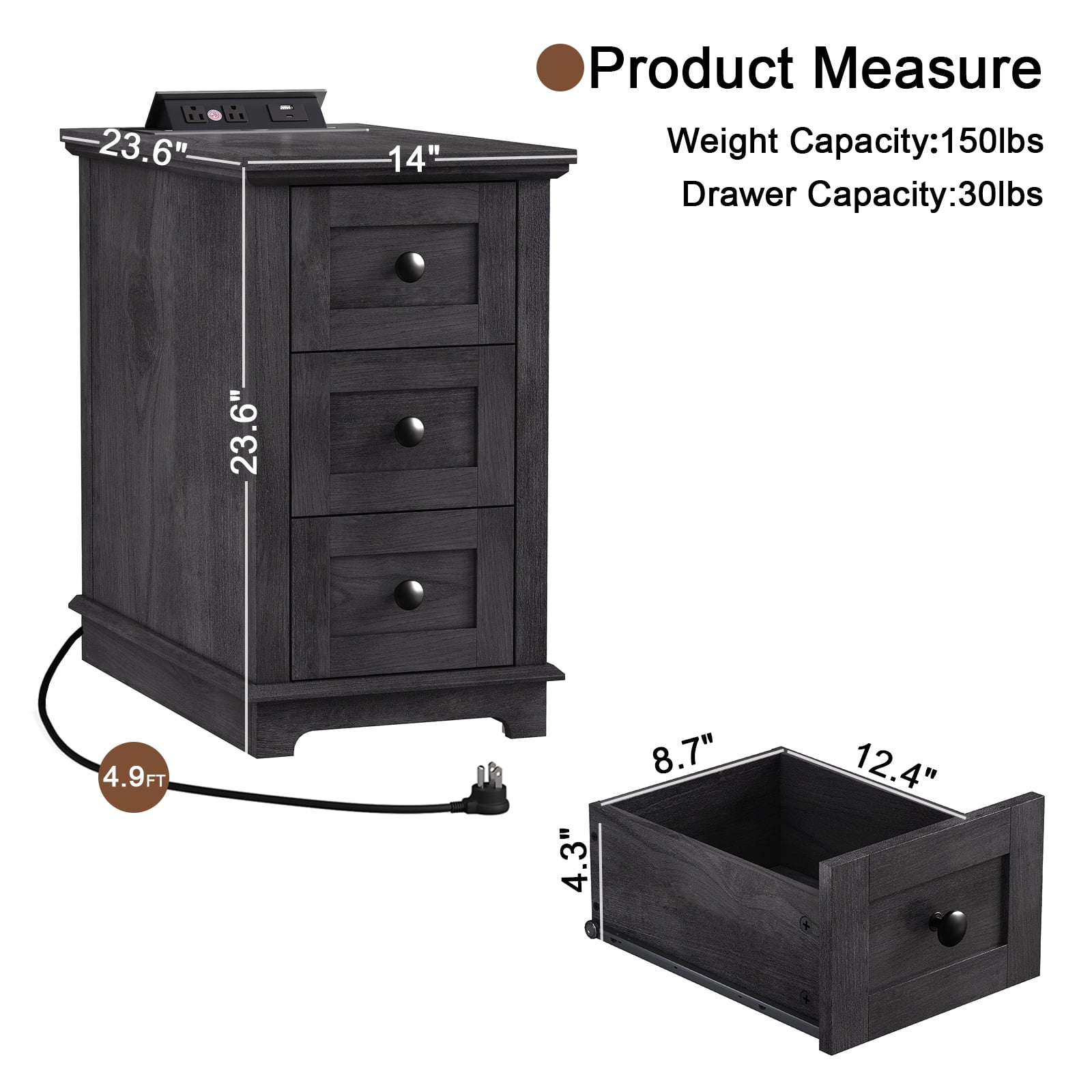 FAGAGA End Table with 3 Drawers for Living Room,Nightstand Sofa Side Table with Charging Station,Black