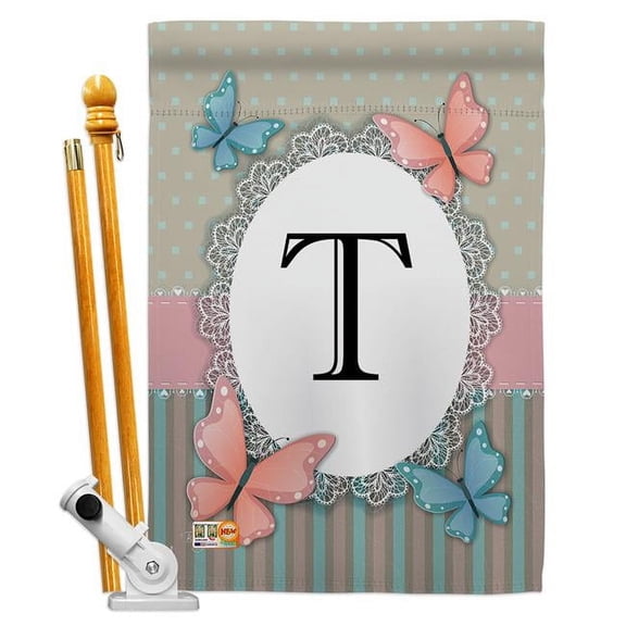 Breeze Decor BD-BG-HS-130150-IP-BO-D-US14-BD 28 x 40 in. Butterflies T Initial Garden Friends Bugs & Frogs Impressions Decorative Vertical Double Sided House Flag Set & Pole Bracket Hardware