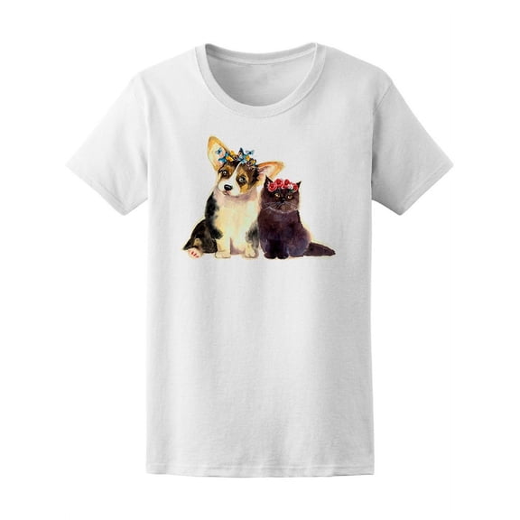 Watercolor Cute Cat And Dog With Flowers Tee Women's -Image by Shutterstock