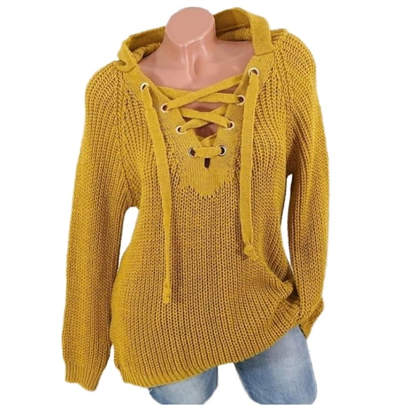 Sweaters for Women Plus Size Ladies' Blouse Lace-Up Hooded Sweater Fall Fashion 2023 Yellow