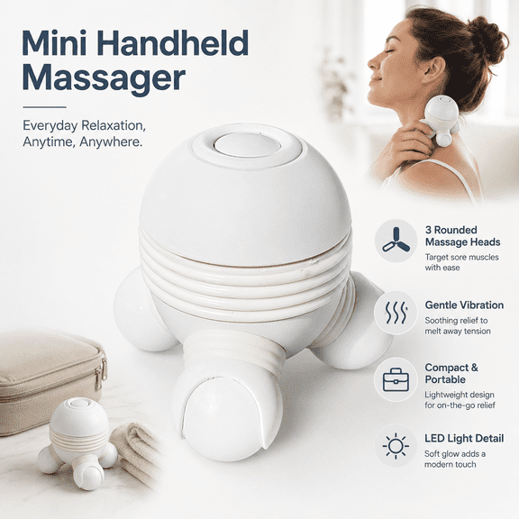 White Handheld Body Massager, Compact 3-Head Vibration Massage Tool with LED Lights for Neck Shoulders Back Arms and Legs, Portable Mini Massager