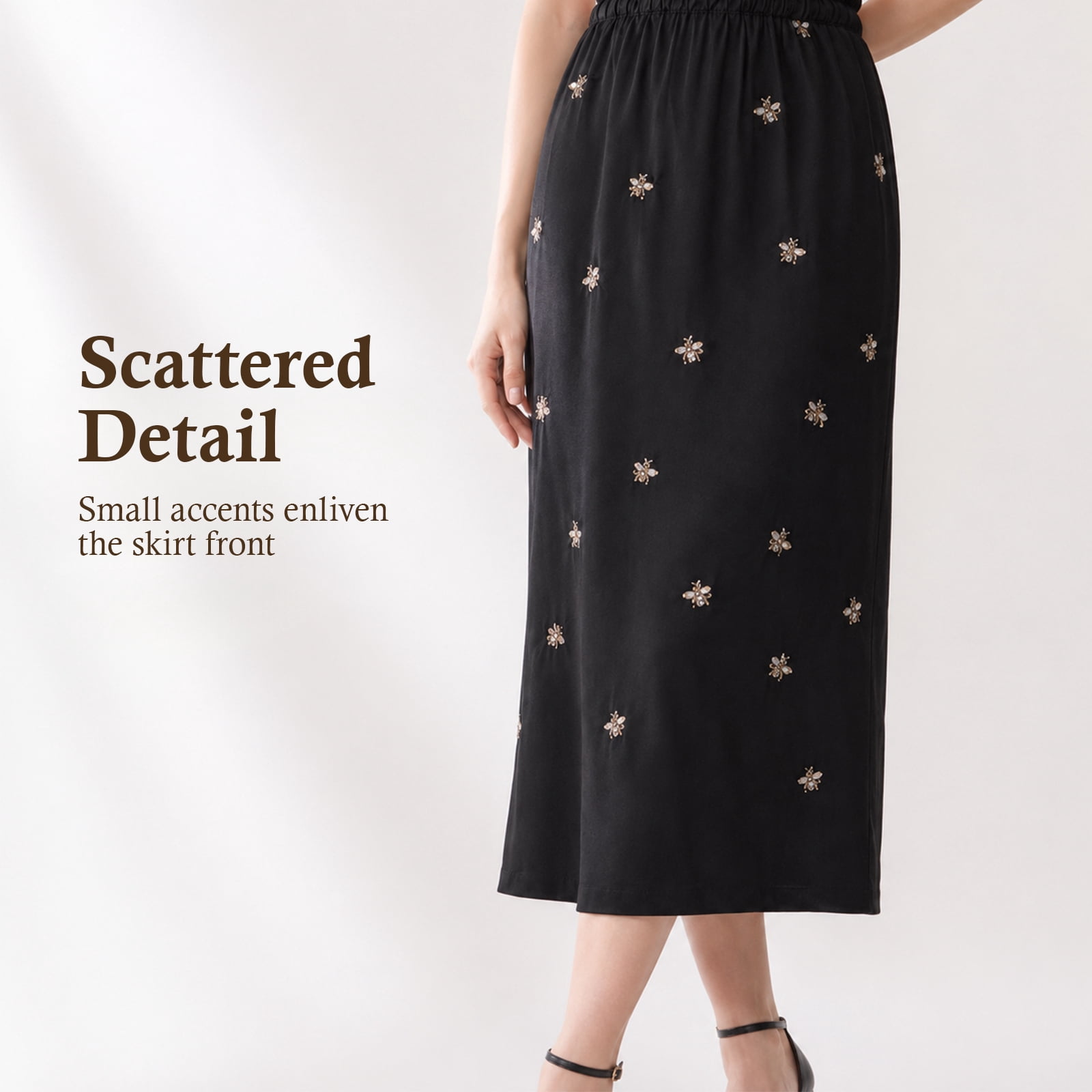 Alvantor Women's Embellished Midi Skirt, Pull-On Style with Gathered Waist and Stretch Lining, Black