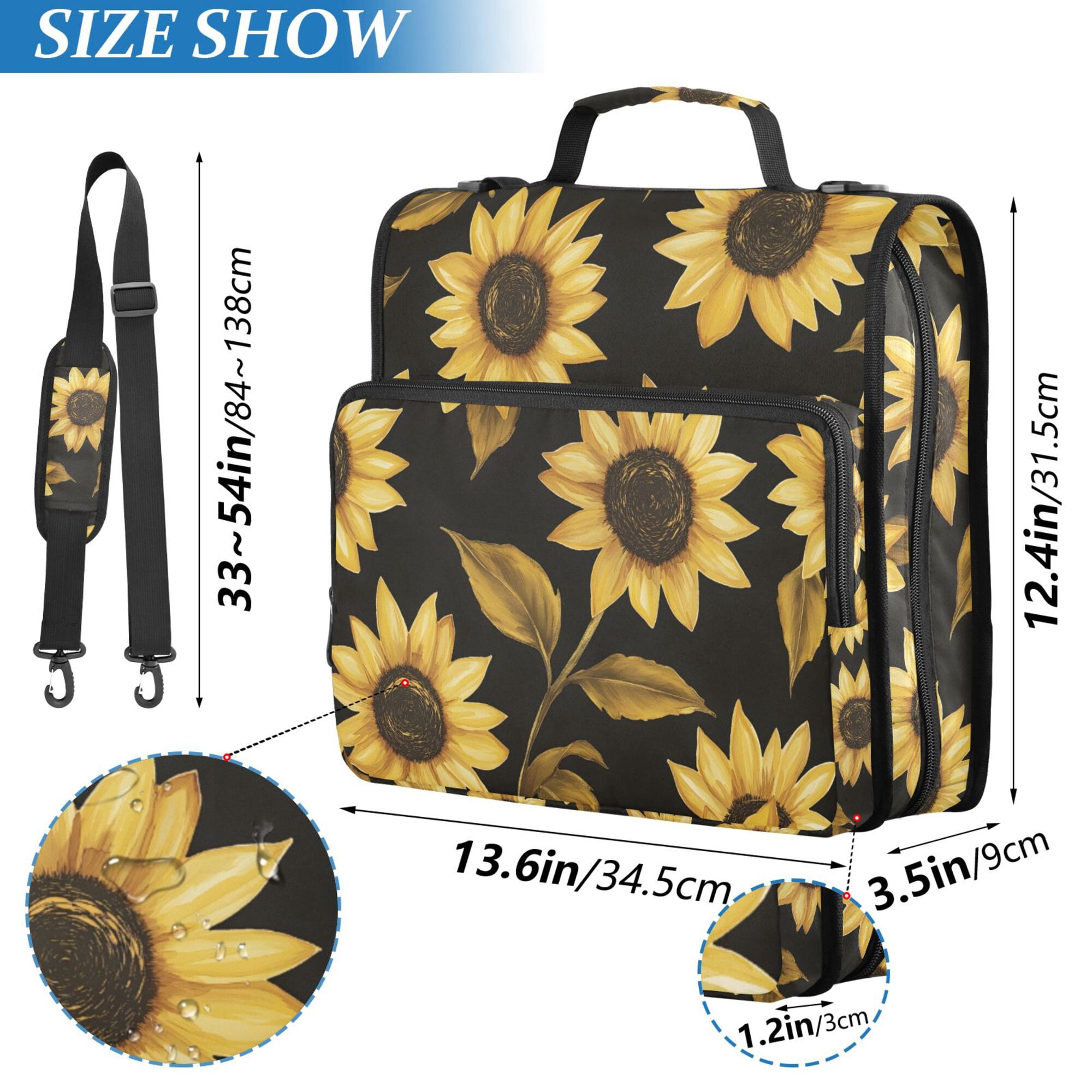 FORMRS Zipper Binder with Shoulder Strap 2-inch Ring 500 Sheet Capacity File Bag, Black Sunflower Pattern