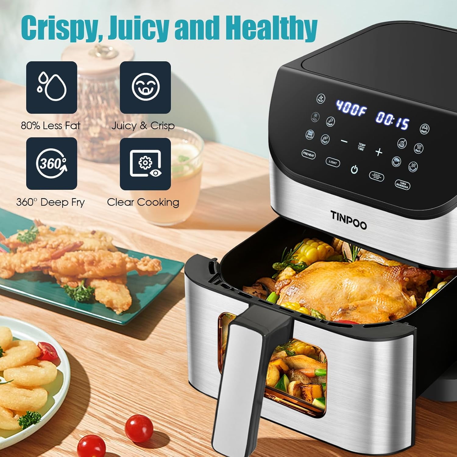 6.2 QT Oilless Large Capacity 1500W Oven Air Fryers Healthy Cooker with 10 Preset, Visual Cooking Window, Non-Stick Basket