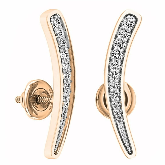 0.10 Carat (ctw) 10K Rose Gold Round Cut White Diamond Ladies Curved Bar Ear Climber Earrings
