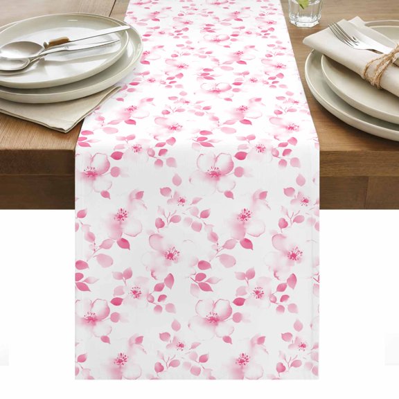 Pink Floral Table Runner - 60 Inch Long, Kitchen Dining Table Runner Dresser Scarves, Retro Blossom Flower Botanical Country Farmhouse Decor for Coffee Tables Wedding Party Banquet