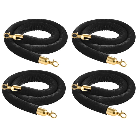 KFFKFF 4 Pcs Black Velvet Stanchion Ropes, 5 ft Crowd Control Stanchion Black Velvet Ropes with Gold Hooks, Post Queue Barrier Carpet Rope