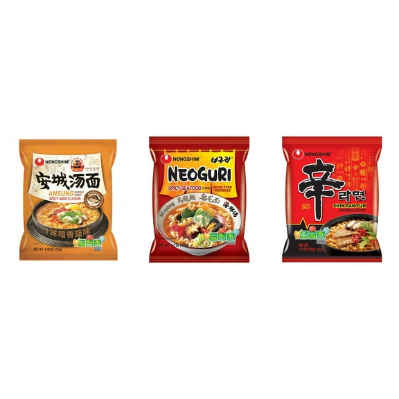 3 Pack Korean NongShim Gourmet Spicy Shin Instant Ramen Noodle, 3 Flavors(Ansung,Neoguri,shin red) Plus NineChef Brand Long Handle Coffee Spoon