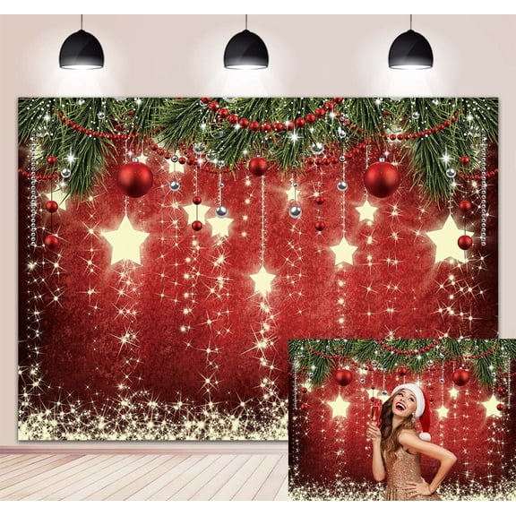 7×5FT Christmas Backdrop Red Christmas Background Sparkling Stars Christmas Backdrops Photography Glittering Stars Christmas Photo Backdrop