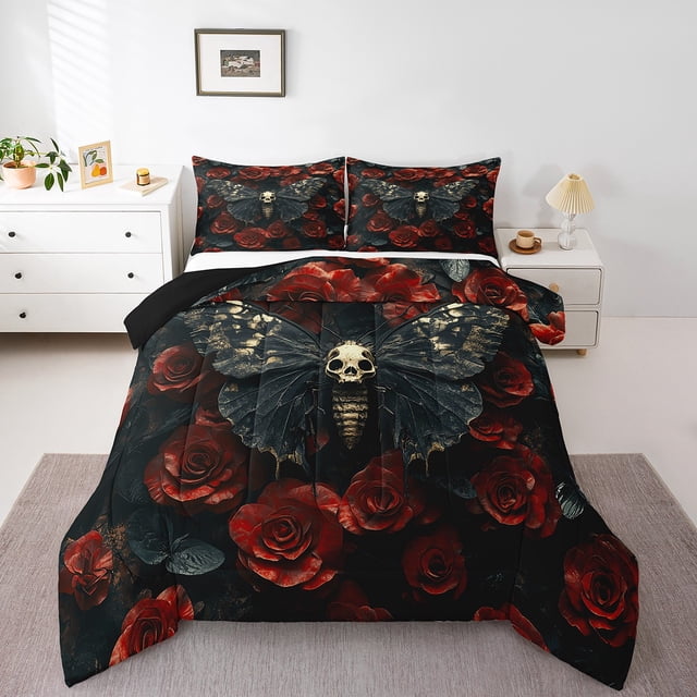Moth Down Comforter Gothic Skull Floral Full Comforter Set,Extoic Boho Decor Bedding Set Red Rose for Gilrs Women Lover Quilt Set