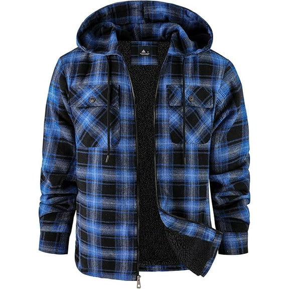 SPEEDRUN Men's Flannel Hooded Jacket Fleece Sherpa Lined Plaid Shirts Zip Up Sweatshirt Hoodies with 4 Pockets Blue M