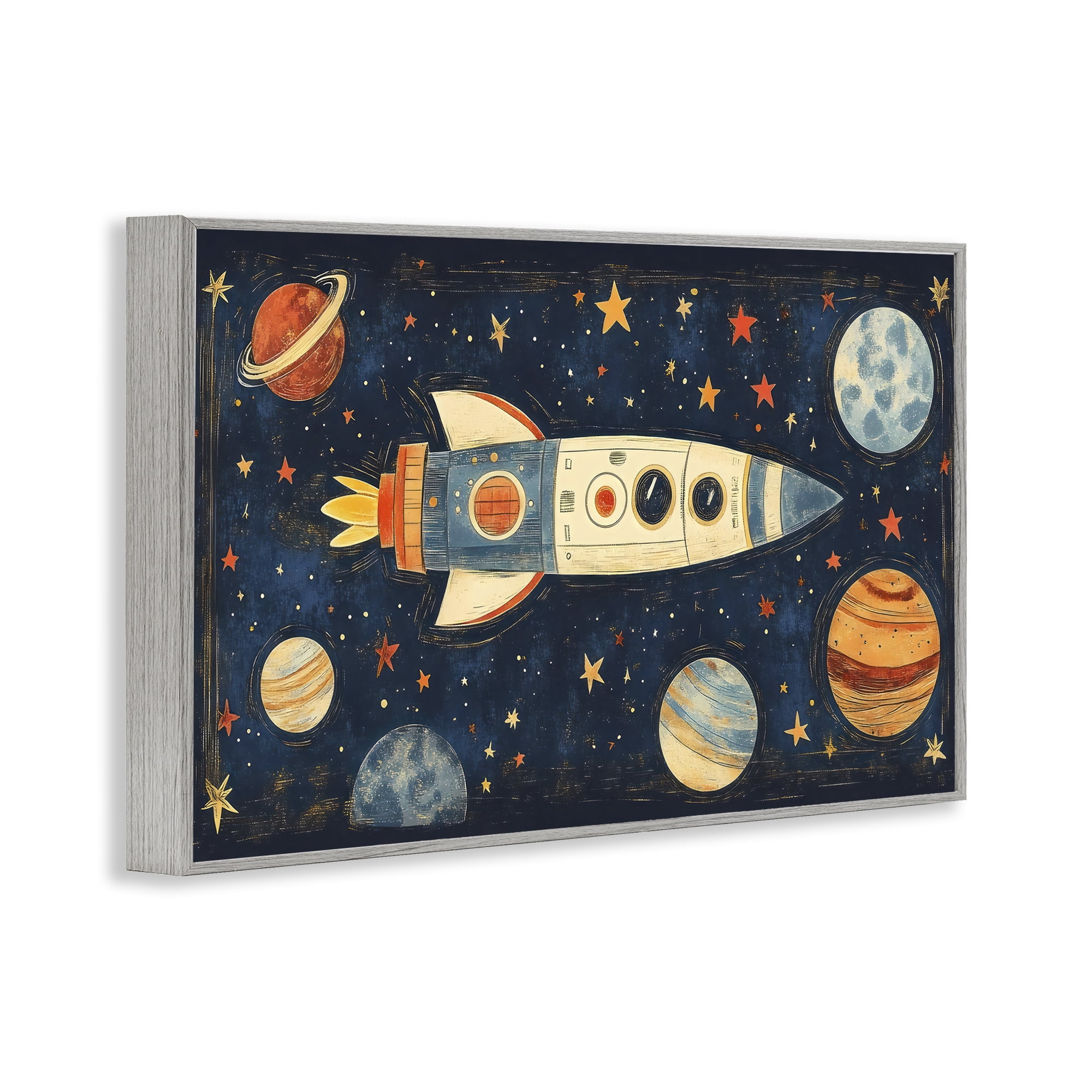 Stupell Industries Retro Rocket & Planets Gray Framed Giclee Art, design by Creative Studio