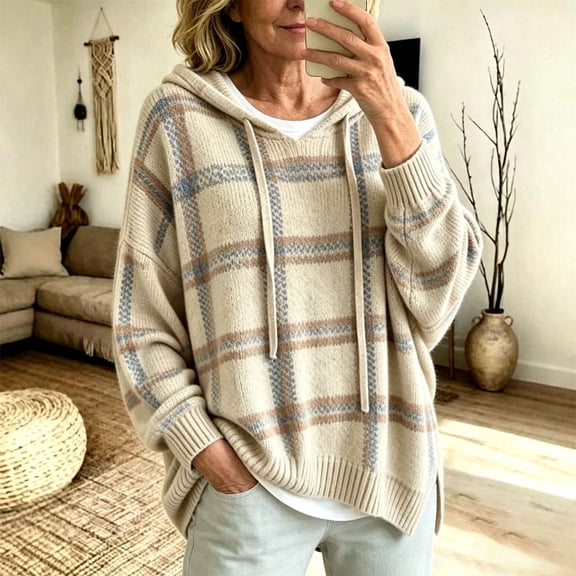 Womens Hoodie Casual Hooded Sweater Plaid Drawstring Sweatshirt Boho Long Sleeve Pullover Knit Loose Fit Top Beige L
