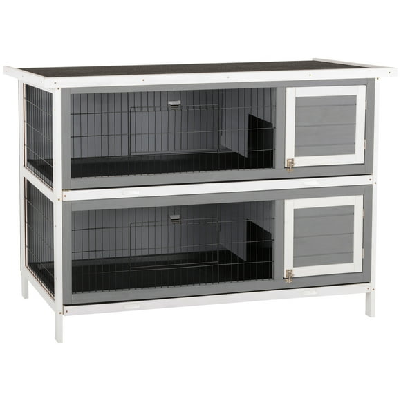 PawHut 2 Tier Rabbit Hutch Bunny Pet House Wooden Coop Run Grey & White