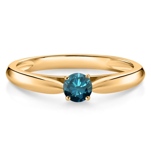 Gem Stone King 10K Yellow Gold Blue Diamond Solitaire Engagement Ring for Women (0.15 Cttw, Gemstone April Birthstone, Round 3.5MM, Size 5)