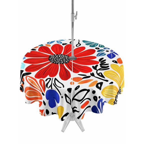 Outdoor Table Cloth with Umbrella Hole and Zipper, Spring Floral Waterproof Round Tablecloth 60 Inch, Watercolor Botanical Flowers Summer Washable Table Cover for Outside Party Patio Picnic