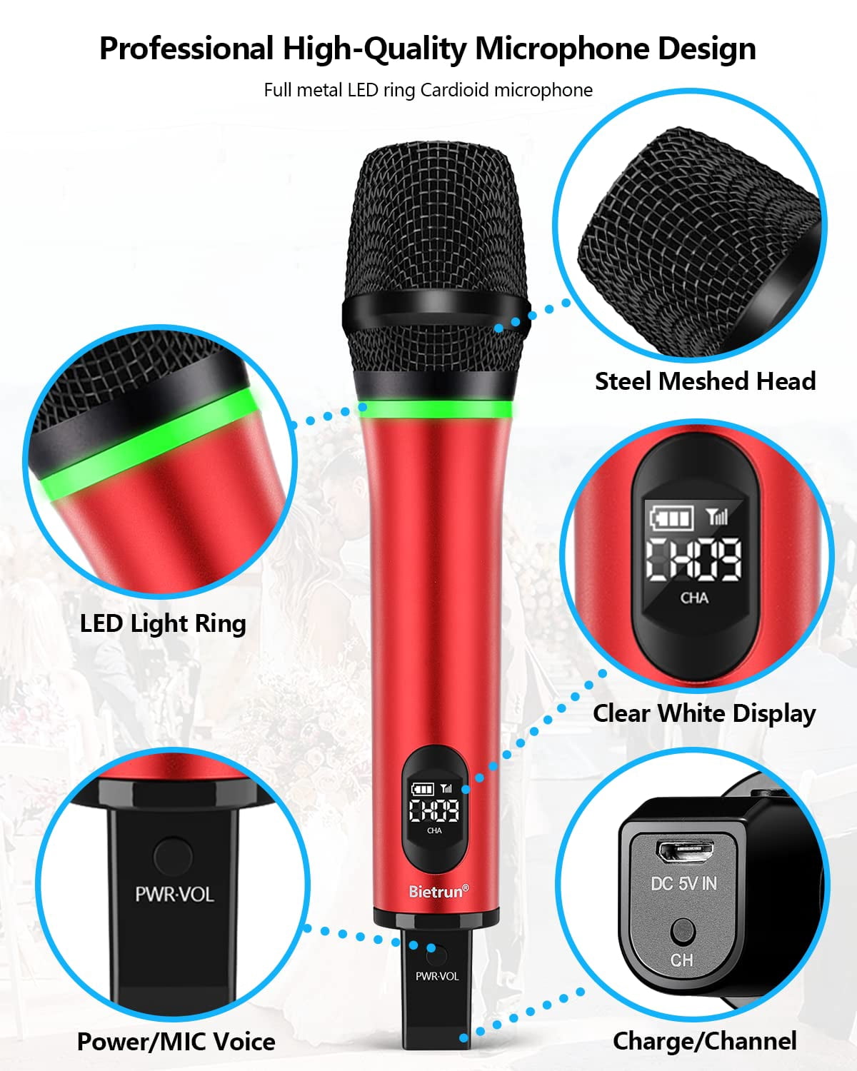 Bietrun Rechargeable Wireless Microphone, Dual Metal Cordless Handheld Dynamic Wireless Mics with 1/4'' Output for Karaoke, Meeting, Singing, Church, Wedding(UHF 240ft Range)(Receiver with Bluetooth)