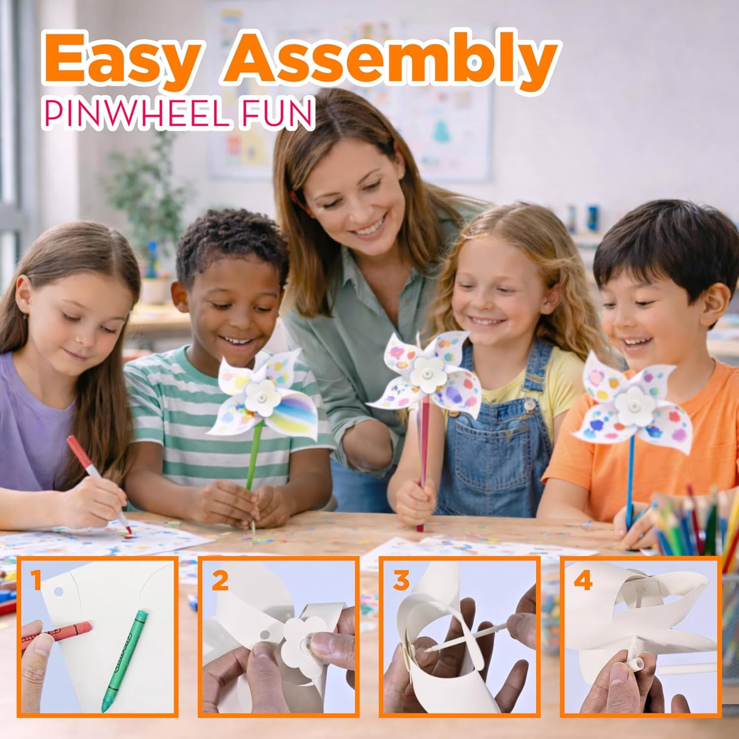 4E's Novelty 24 Pack DIY Pinwheels Craft for Kids, Bulk Summer Pinwheel Craft Kit, Colour Your Own Paper Windmill