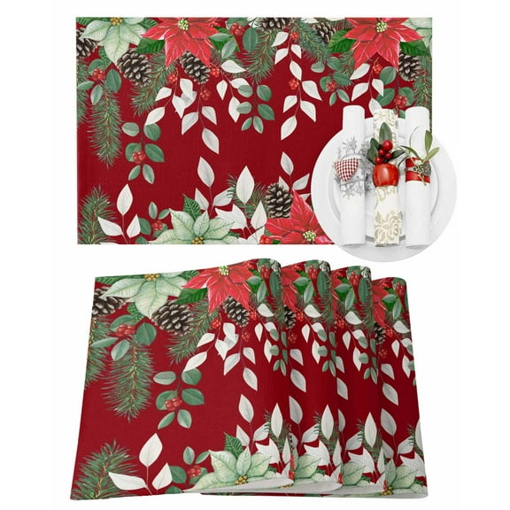 Christmas Placemats Set of 4 Winter Poinsettia Pine Cones Pine Needles Red Heat Insulation Washable Place Mats, Rustic Non-Slip Table Mats for Dining Table Party Kitchen Decor,13x19 Inch