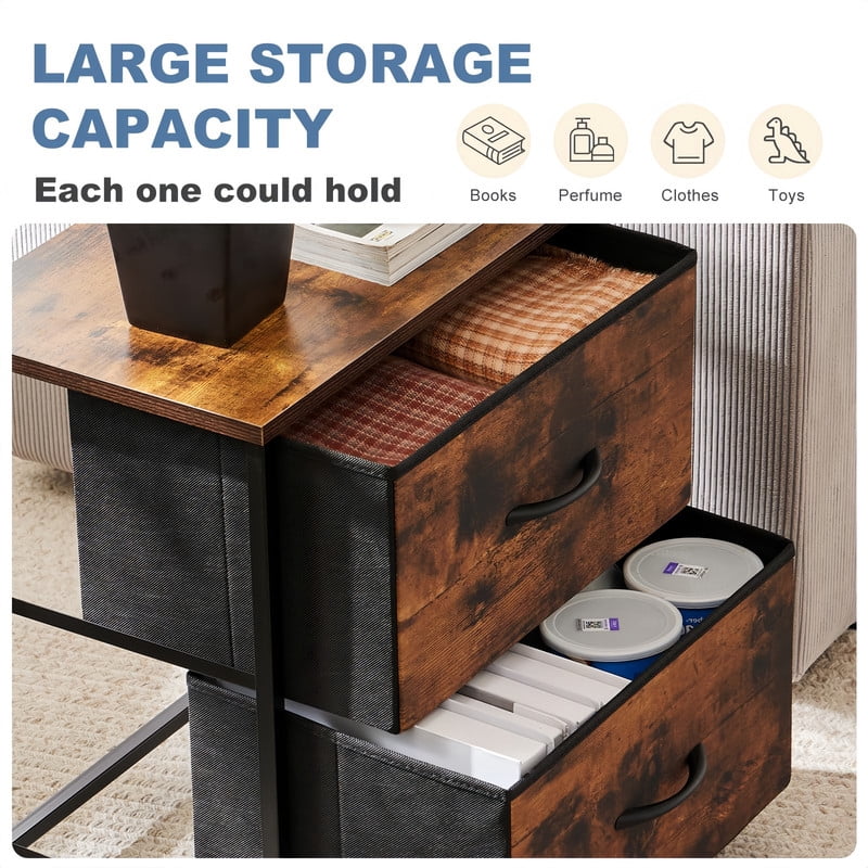 Kelno Nightstand 2 Drawers Fabric Storage Dresser Small Bedside Table Wood Top, Rustic Brown