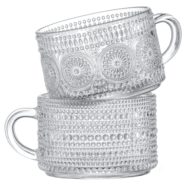 2 pcs 400 ml Glass Coffee Mugs Set, Embossed Tea Cups for Cappuccino, Latte, Cereal, Yogurt, Beverage