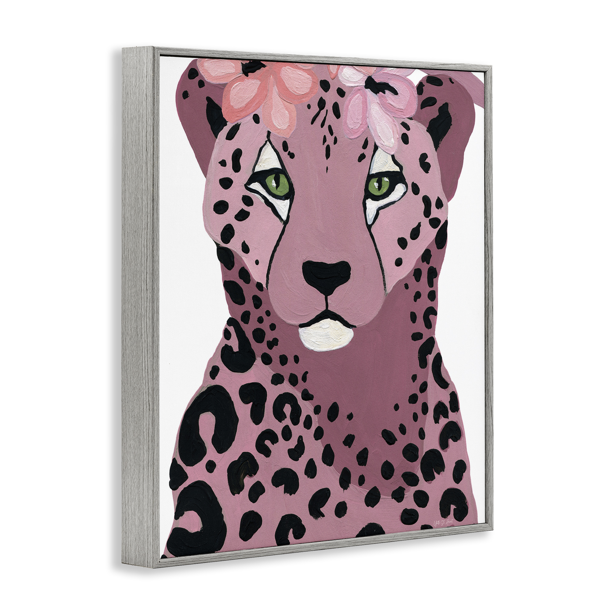 Stupell Industries Cheetah with Pink Blossoms Animals & Insects Painting Gray Framed Art Print Wall Art, 11 x 14