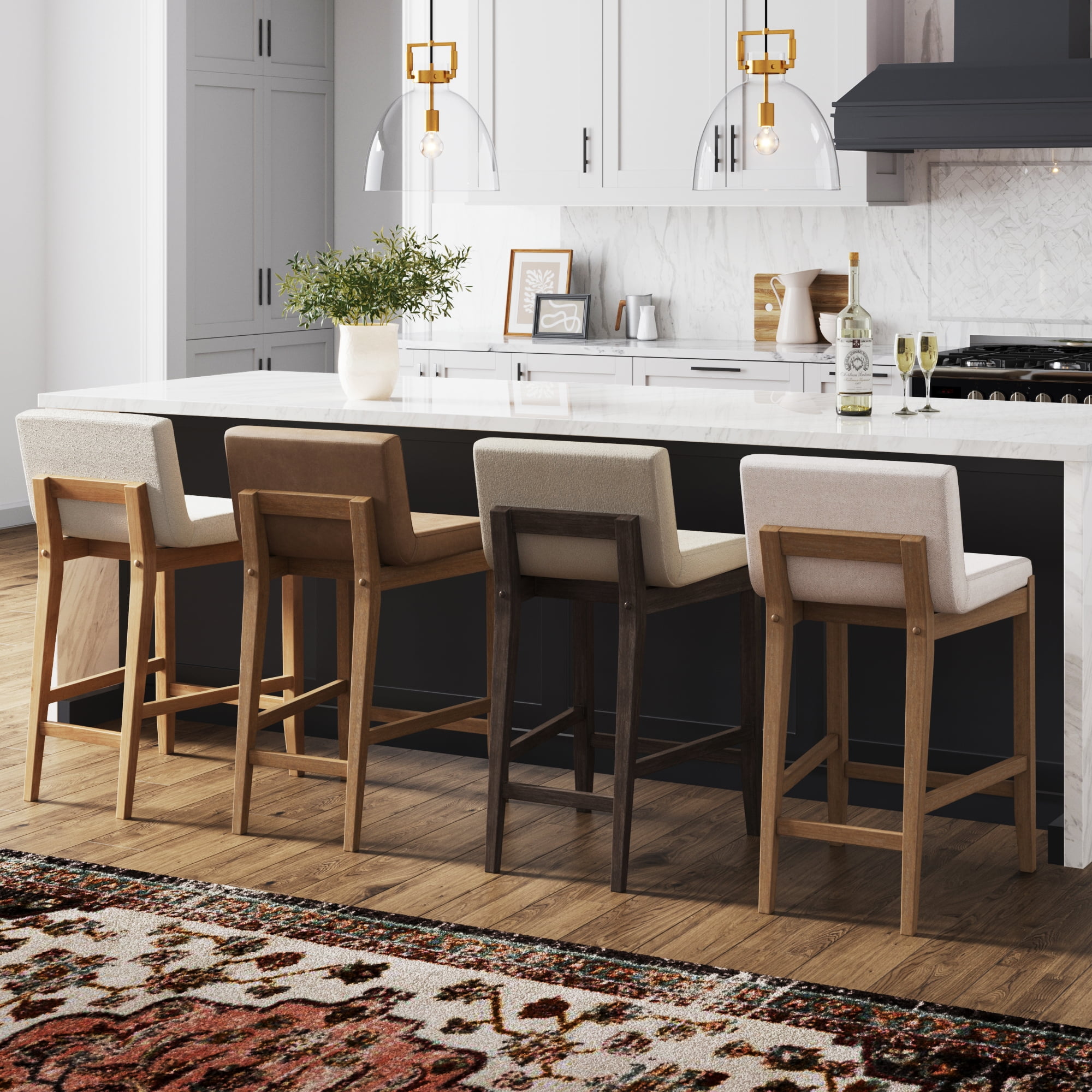 Gracie Modern Counter Height Bar Stool with Back, Counter Stool Upholstered Chair with Natural Textured Boucle Linen and Brushed Wooden Legs, White/Light Brown