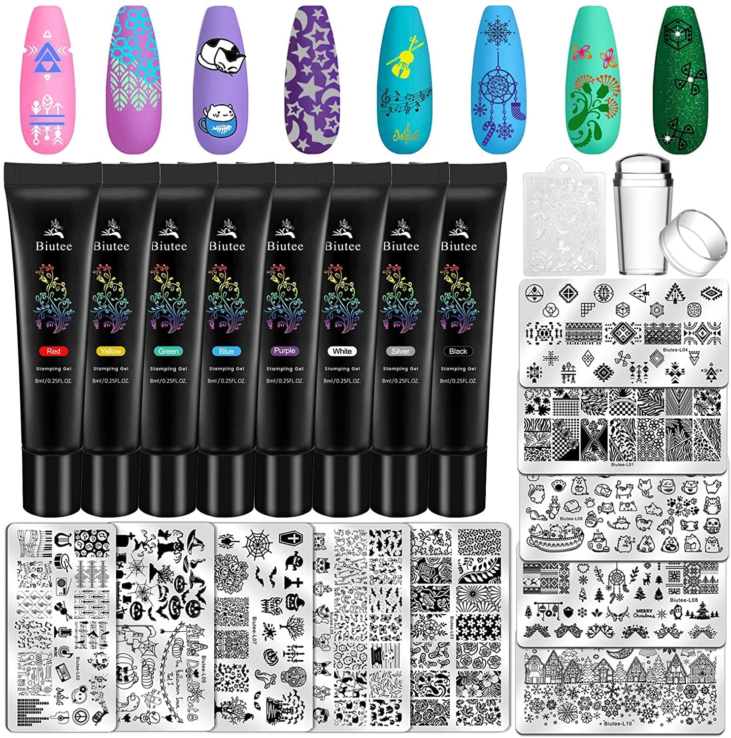 Biutee Nail Stamper Kit 8 Colors Stamping Nail Polish Gel 10pcs Nail