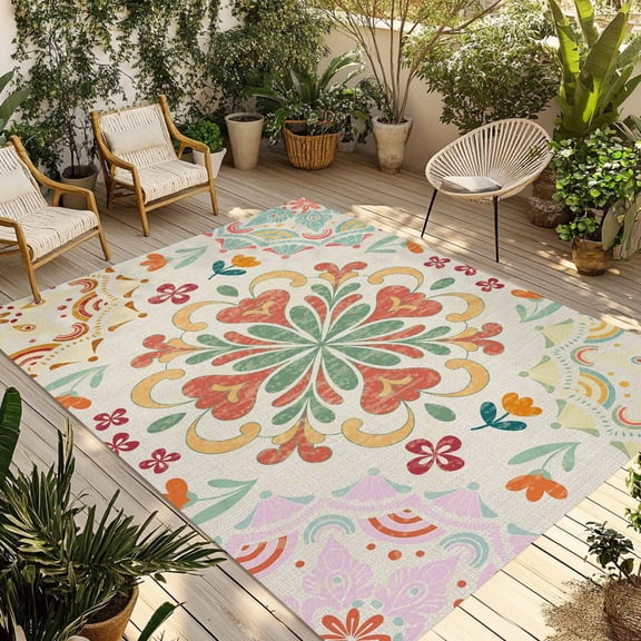 Beige Boho Outdoor Rug 6x9 Ft - Reversible Patio Rug Outdoor Camping Rugs, Retro Ethnic Shabby Colorful Floral Patterned Indoor Outdoor Area Rugs, Non-Slip Outdoor Carpet Runner for Deck/Porch