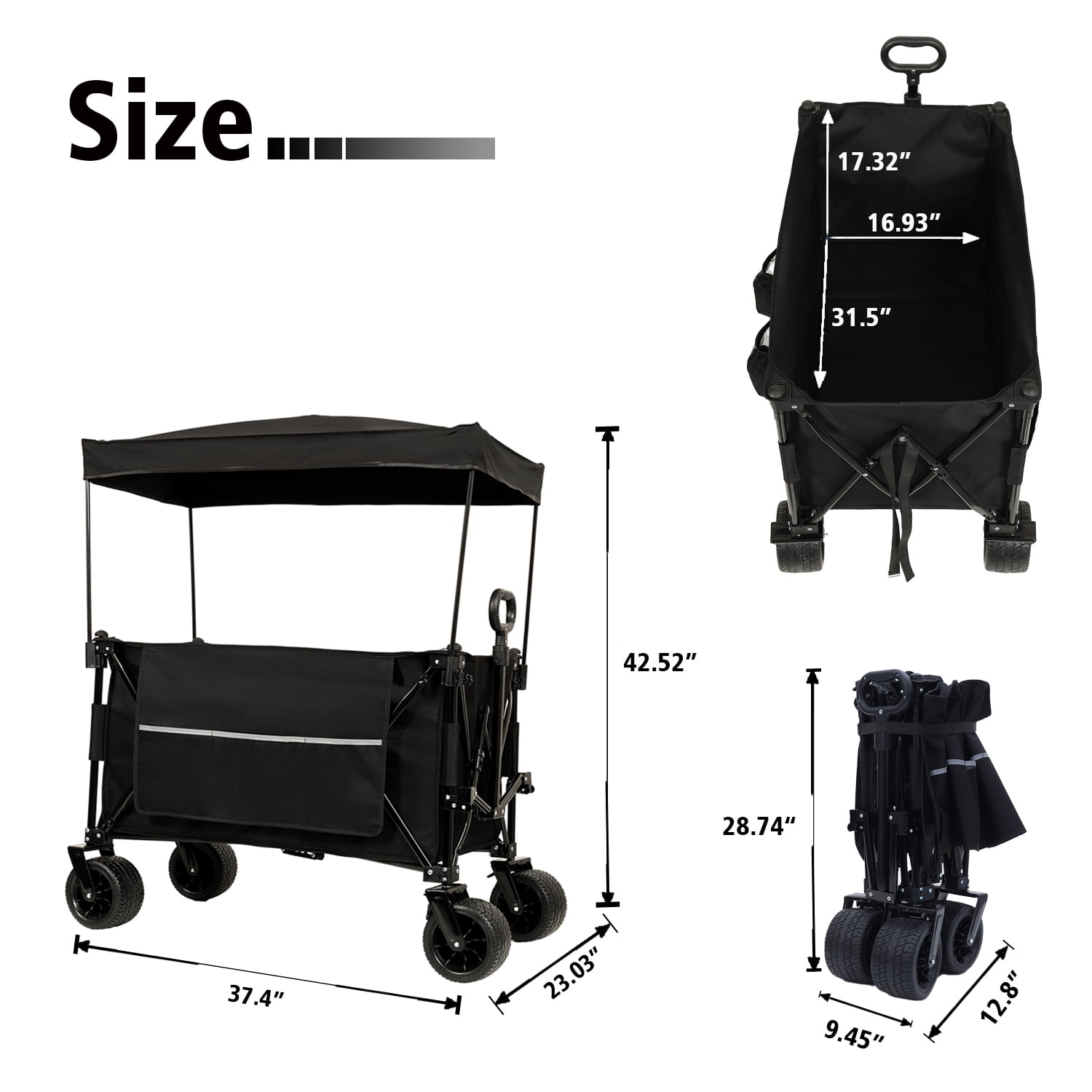 Kumix Collapsible Foldable Extended Wagon with Canopy, 480LBS Weight Capacity, Heavy Duty Folding Utility Garden Cart with Big All-Terrain Beach Wheels & Drink Holders, Side Pocket and Brakes, Black