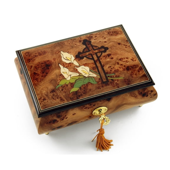 Truly Remarkable 30 Note Liles and Cross Inlay Musical Jewelry Box - You Raise Me Up