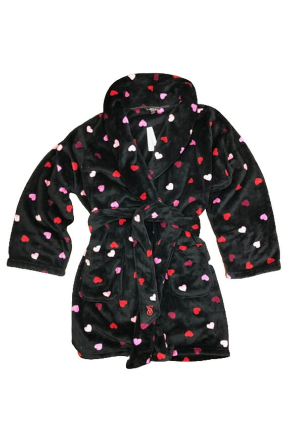 Women's Short Cozy Robe Black with Hearts Size M/L NWT