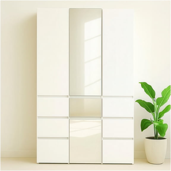 JERFIT White Modular Closet System with Mirror, Customizable Wood Wardrobe Organizer with Ample Storage Space for Bedroom